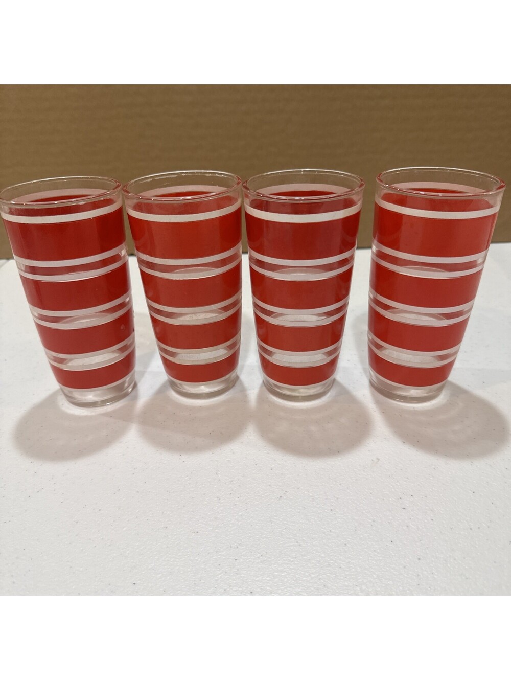 4- VTG. Hazel Atlas Red & White Stripe Glass Tumblers Drinking Glasses [COPY]